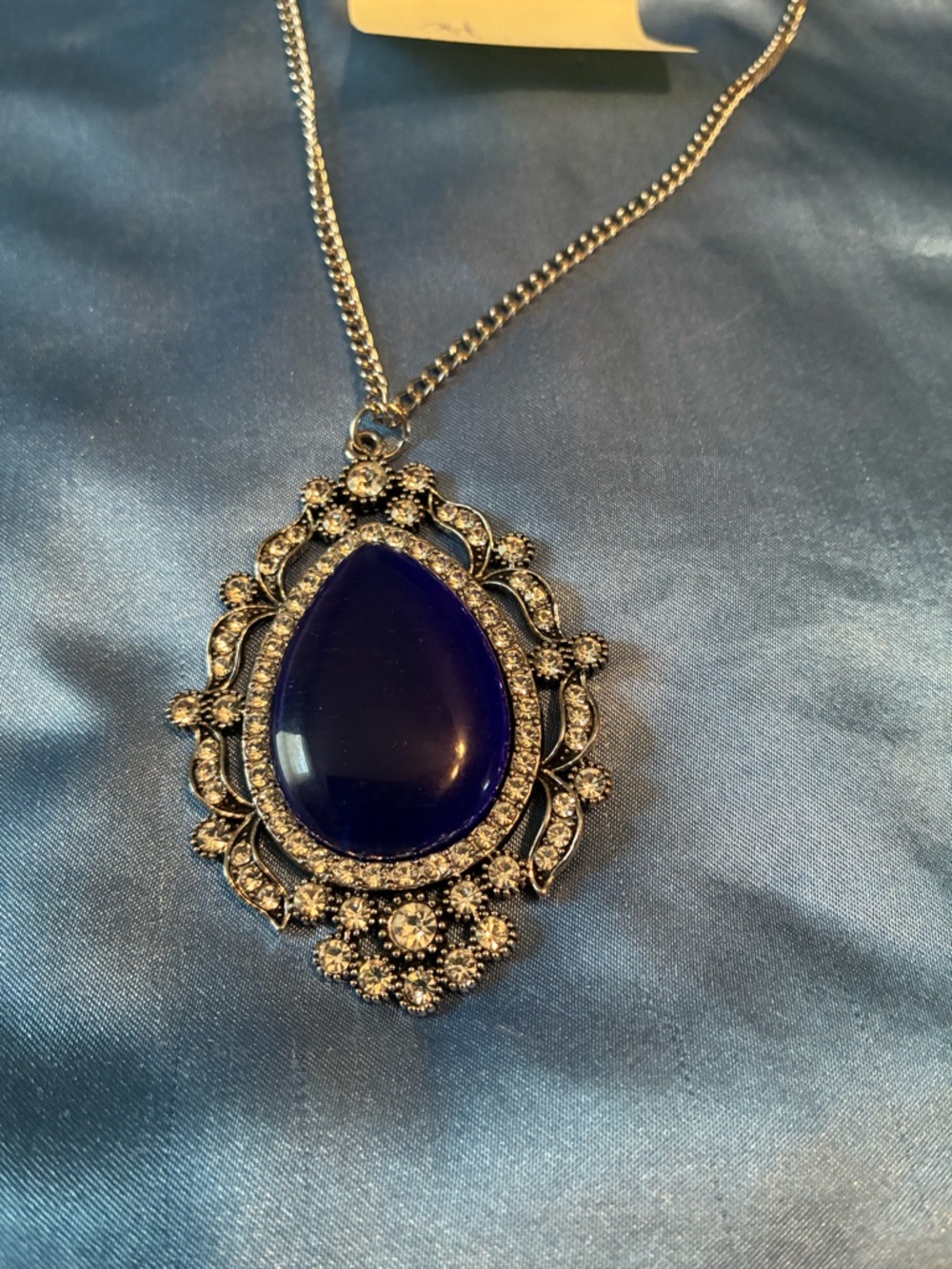 paparazzi Silver-Tone Teardrop Pendant Necklace with Deep Blue Center